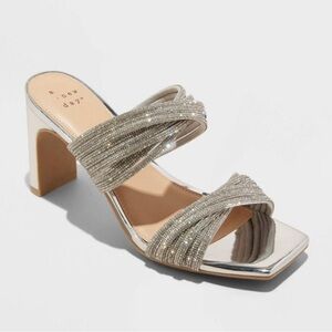 A New Day Rhinestone Silver open toe crossover Strippy  block Heels